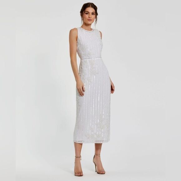 NWT MACDUGGAL White Striped Floral Embellished Sleeveless Midi Dress size 8 🤍 - Picture 1 of 15